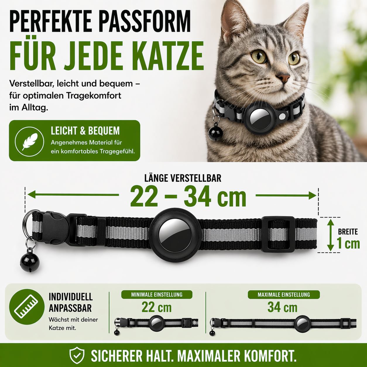 Sicheres Katzenhalsband mit AirTag-Halter & Klingel