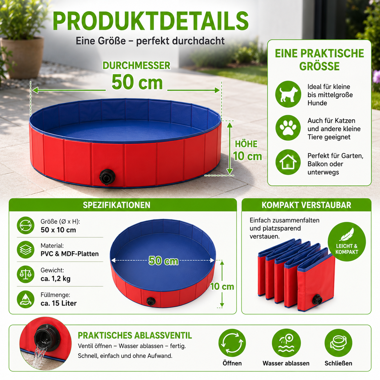 Faltbarer PVC Hundepool mit Abflussventil