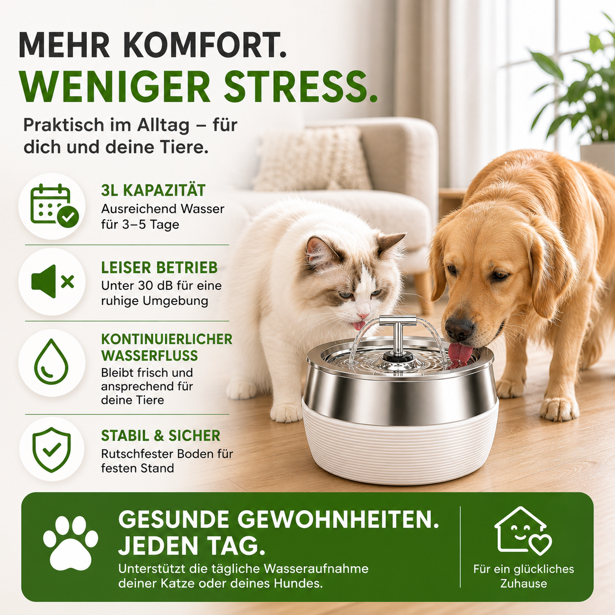 Leiser 3L Edelstahl Trinkbrunnen für Katzen & Hunde