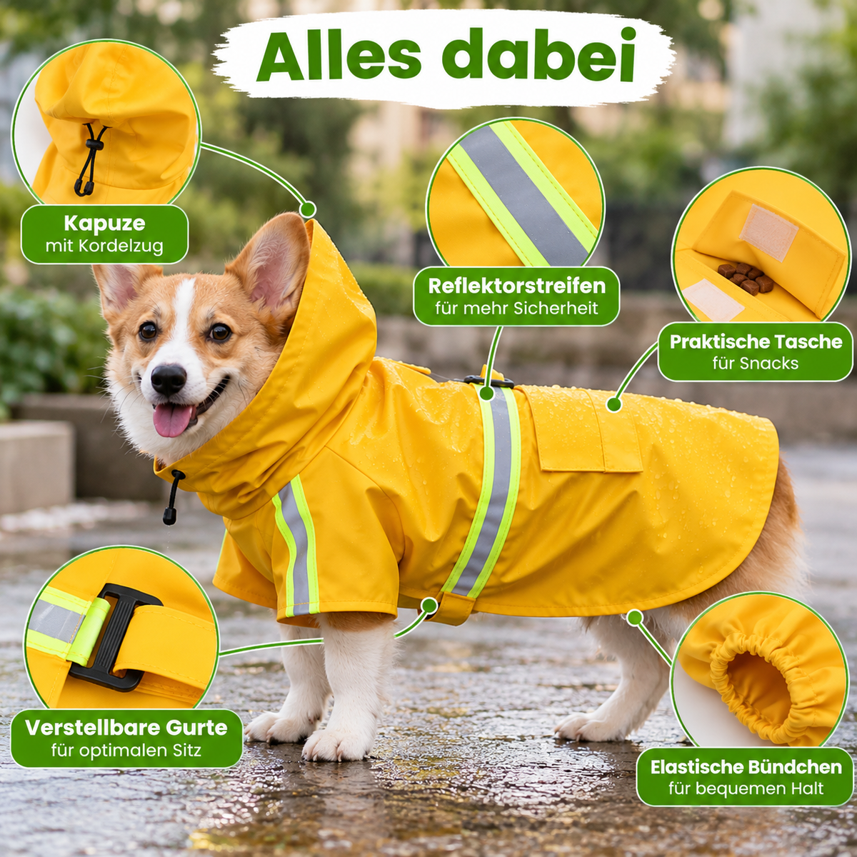 Wasserdichter Hunde Regenmantel mit Kapuze & Reflektoren