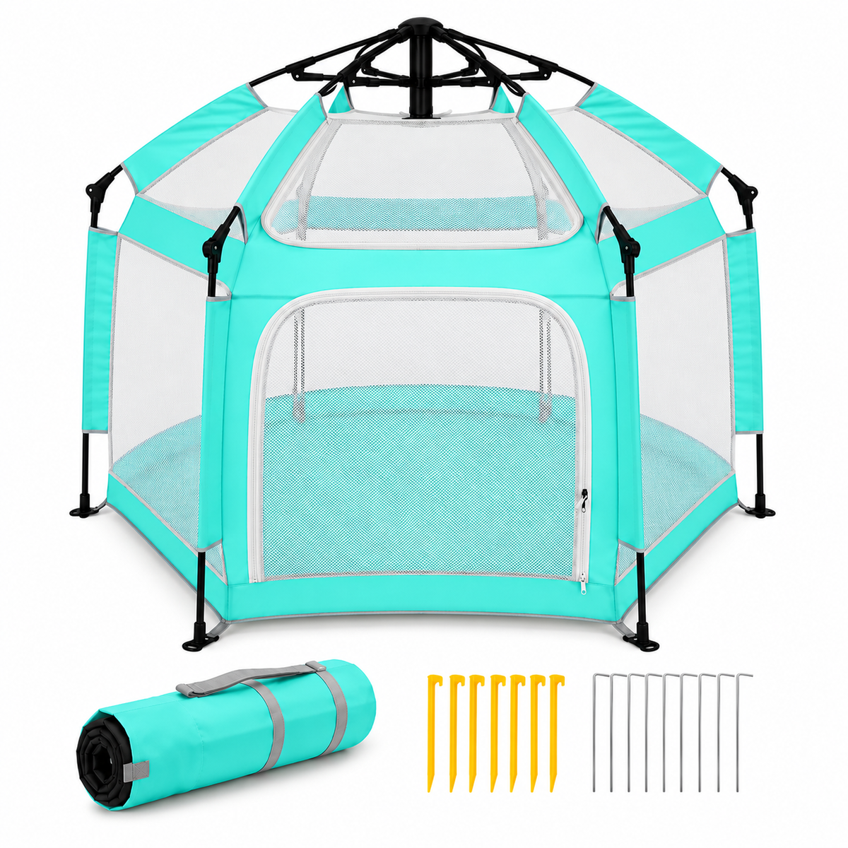 Faltbarer Hunde- & Katzenlaufstall mit Pop-Up-System Set mit Bodenankern Cyan