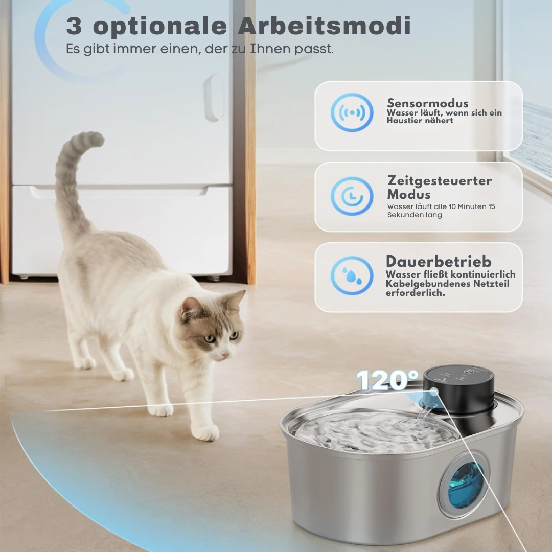Kabelloser Edelstahl-Trinkbrunnen – 3,2 L, 45 Tage Akku, Flüsterleise ⭐
