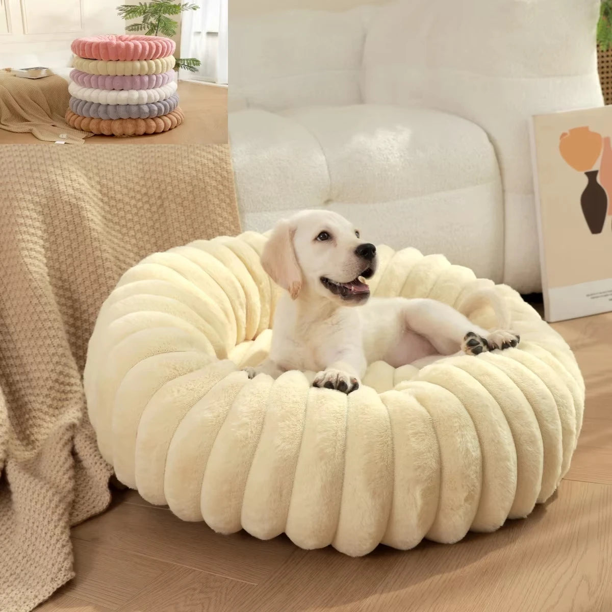 Rundes Donut Hundebett aus Plüsch mit rutschfestem Boden