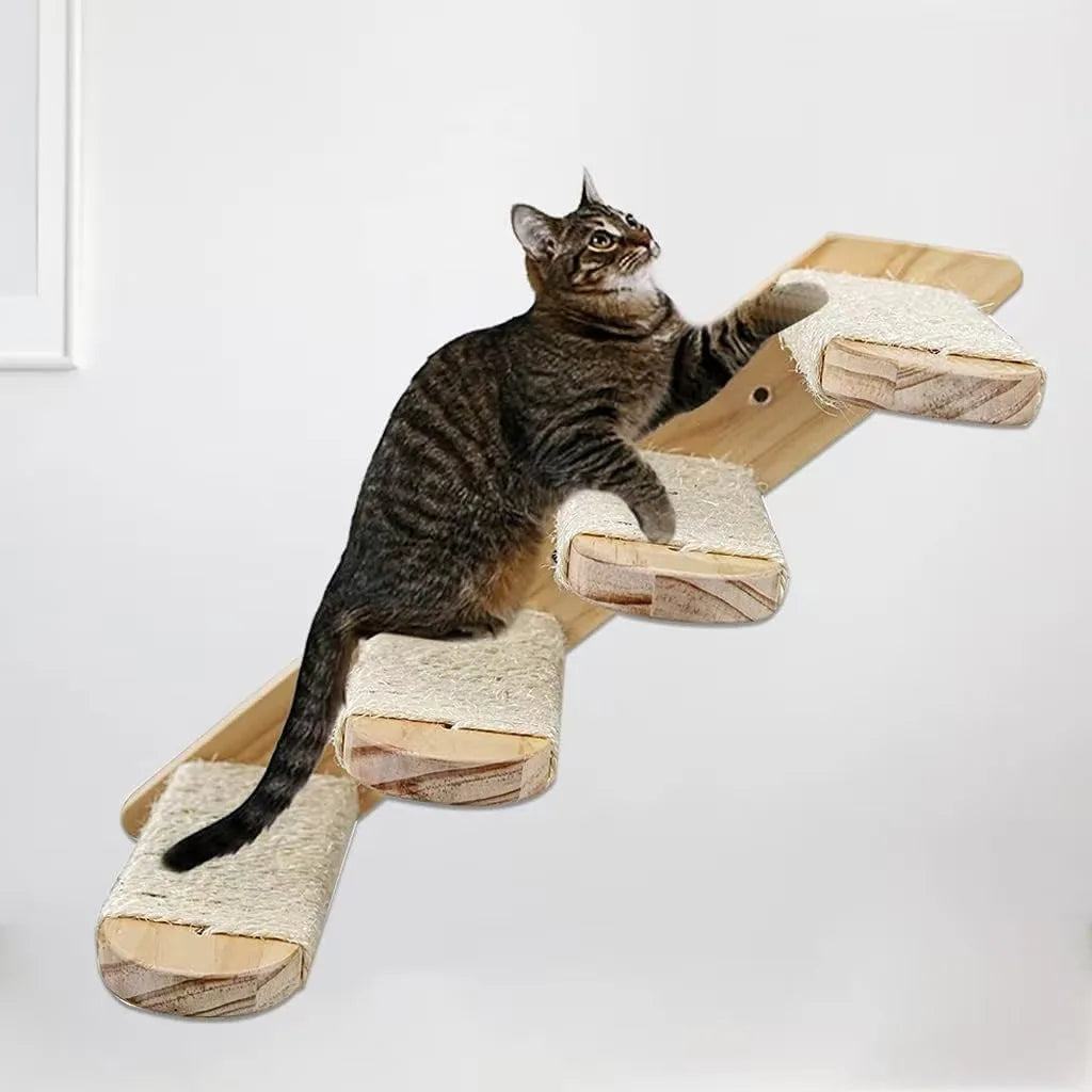 Wandmontierte Katzenklettertreppe – Platzsparende Holzstufen mit Sisal