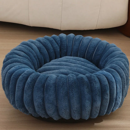 Rundes Donut Hundebett aus Plüsch mit rutschfestem Boden Blau