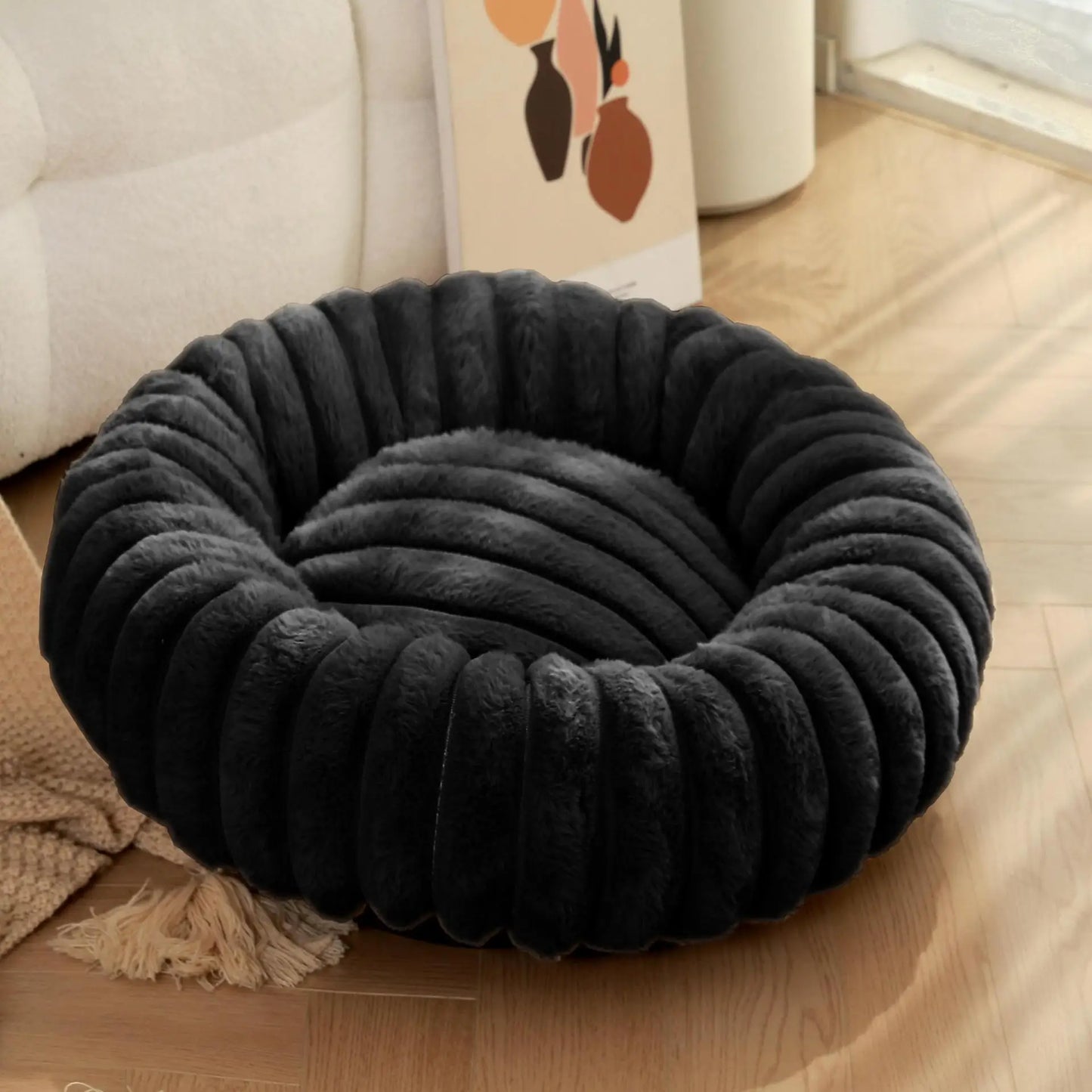 Rundes Donut Hundebett aus Plüsch mit rutschfestem Boden Schwarz