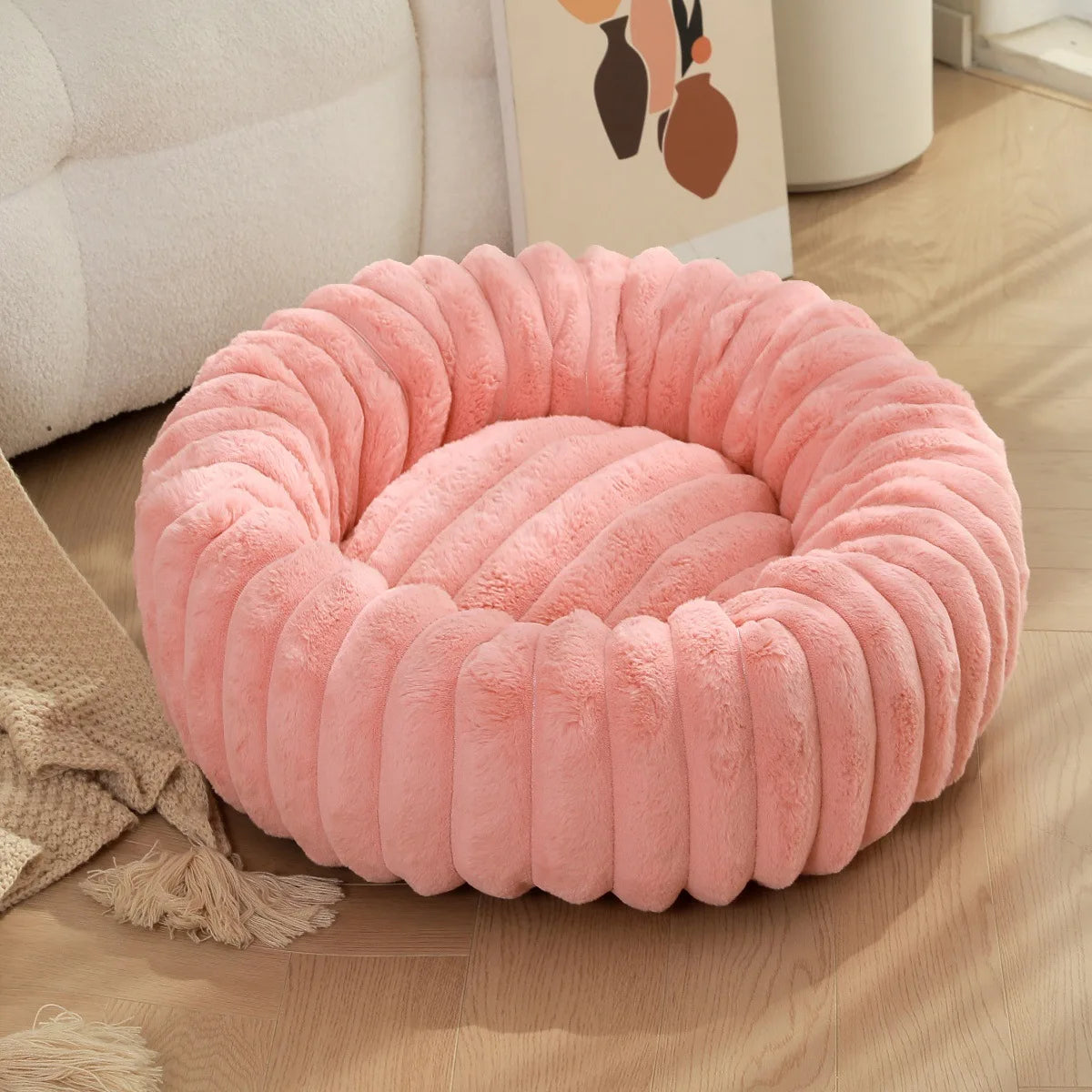 Rundes Donut Hundebett aus Plüsch mit rutschfestem Boden Rosa