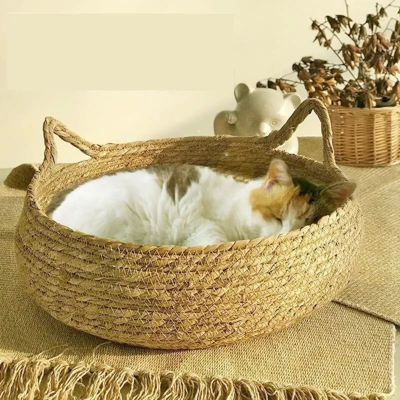 Handgewebtes Katzenbett aus Rattan – Natürlich, gemütlich & waschbar