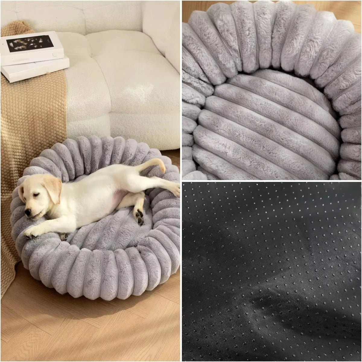 Rundes Donut Hundebett aus Plüsch mit rutschfestem Boden