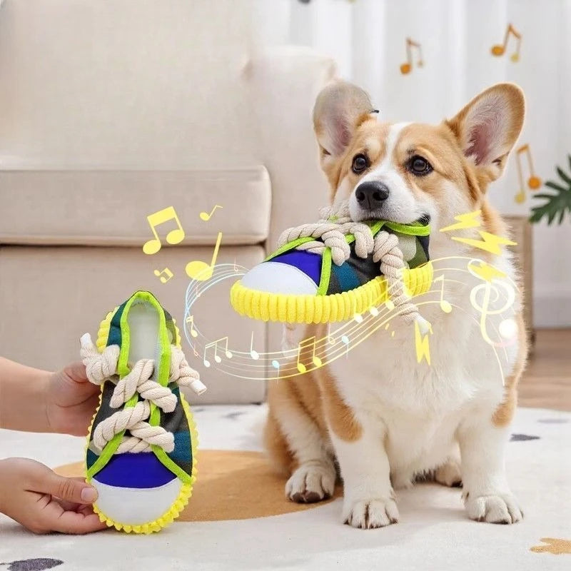 Robustes Hundespielzeug Sneaker mit Seil und Quietschfunktion