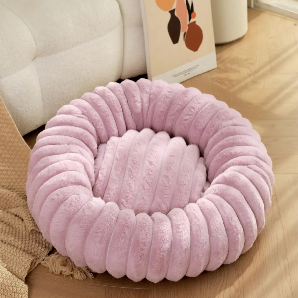 Rundes Donut Hundebett aus Plüsch mit rutschfestem Boden Lila