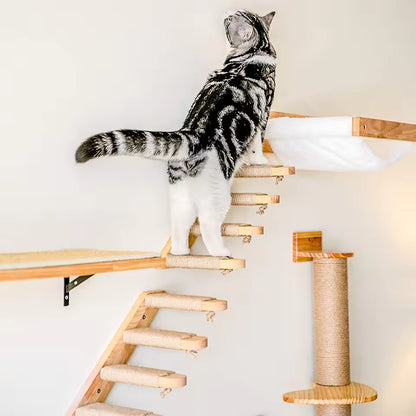 Wandmontierte Katzenklettertreppe – Platzsparende Holzstufen mit Sisal