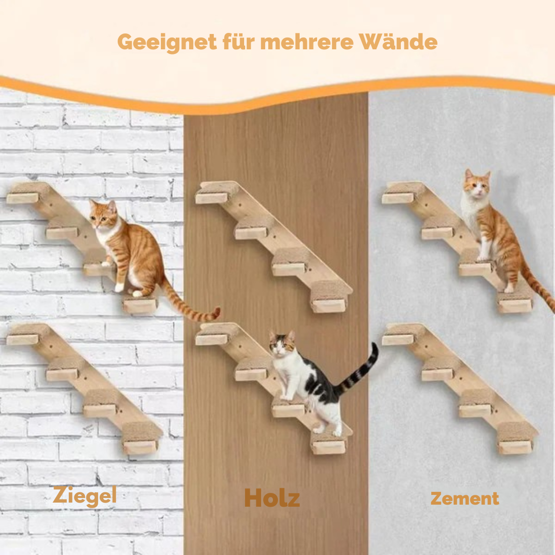 Wandmontierte Katzenklettertreppe – Platzsparende Holzstufen mit Sisal