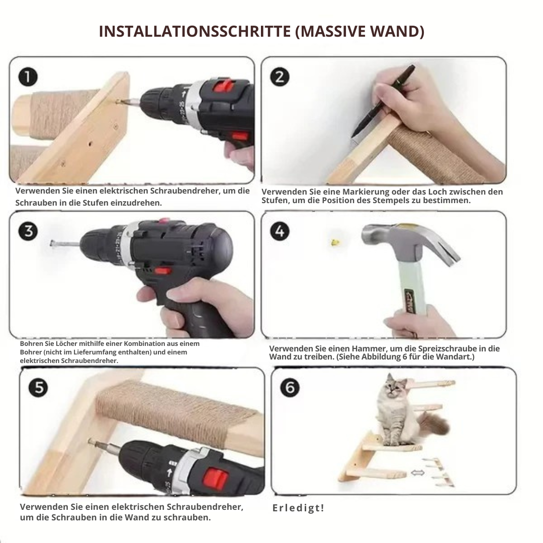 Wandmontierte Katzenklettertreppe – Platzsparende Holzstufen mit Sisal