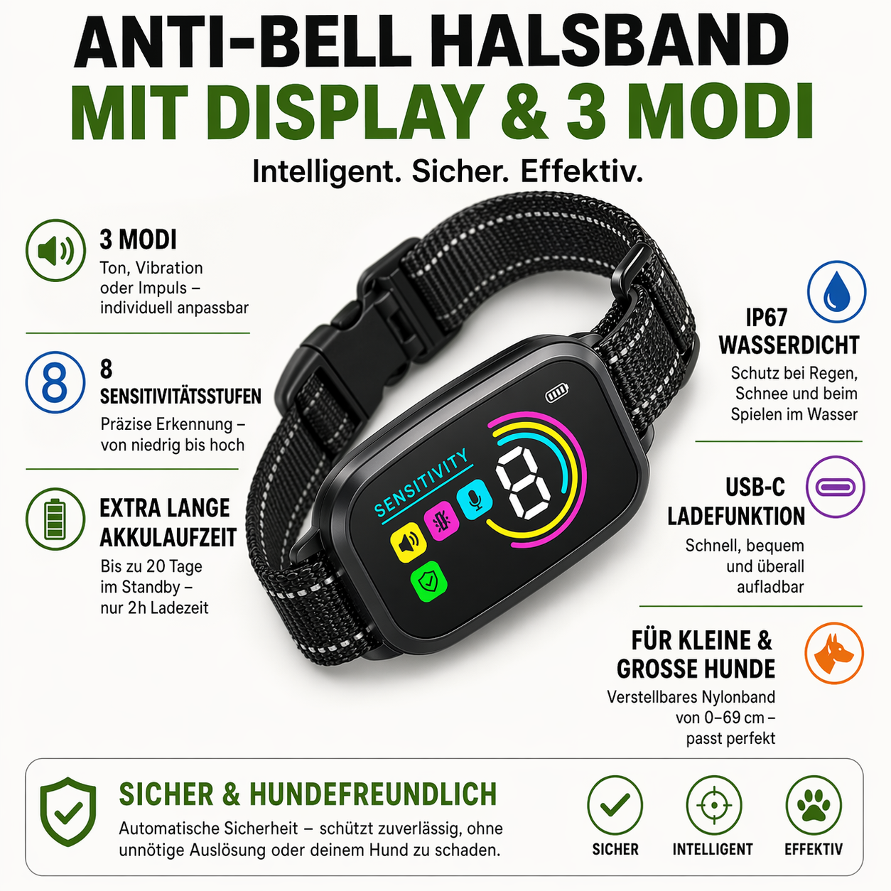 Hundetrainingshalsband mit Display, USB-C & 3 Trainingsmodi