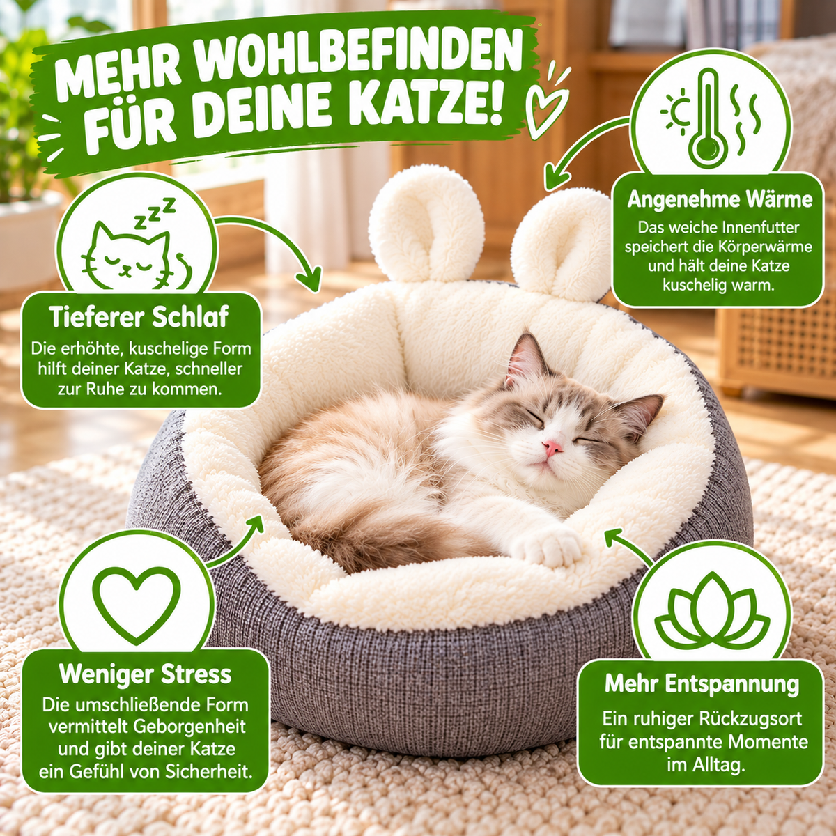 Katzenbett mit Hasenohren Design waschbar und rutschfest