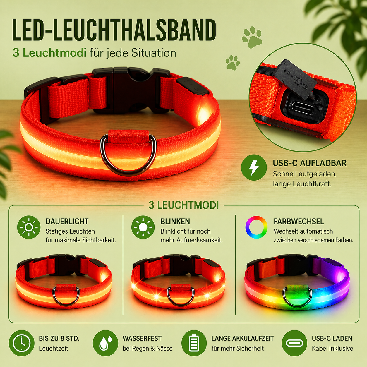 USB-C LED Hundehalsband – 7 Farben, 3 Modi & doppelte D-Ringe
