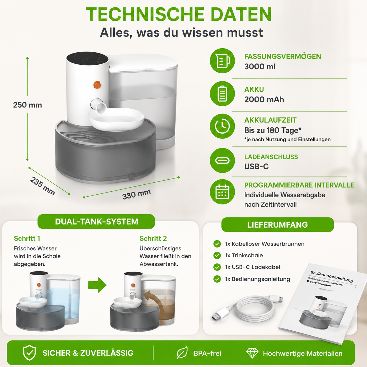 Kabelloser automatischer Wasserbrunnen für Hunde & Katzen