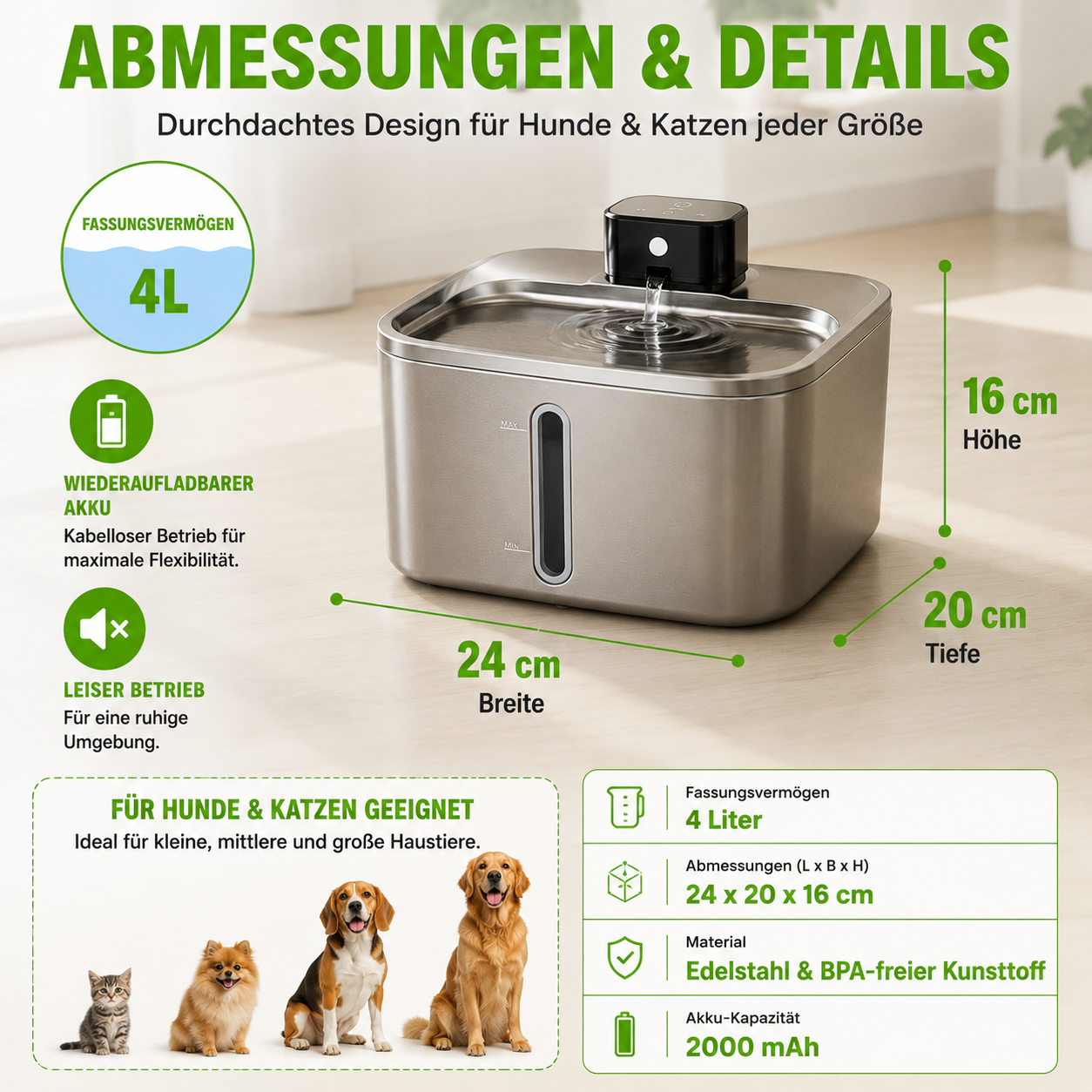 Intelligenter Edelstahl-Trinkbrunnen für Hunde & Katzen – 4 L