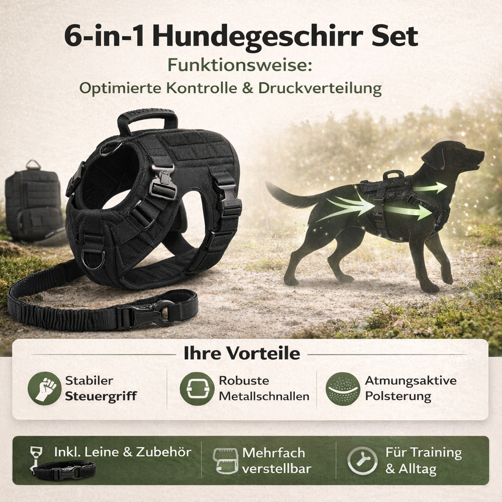 6 in 1 Komplettes Militär Hundegeschirr und Leinen-Set für Training und Spaziergänge