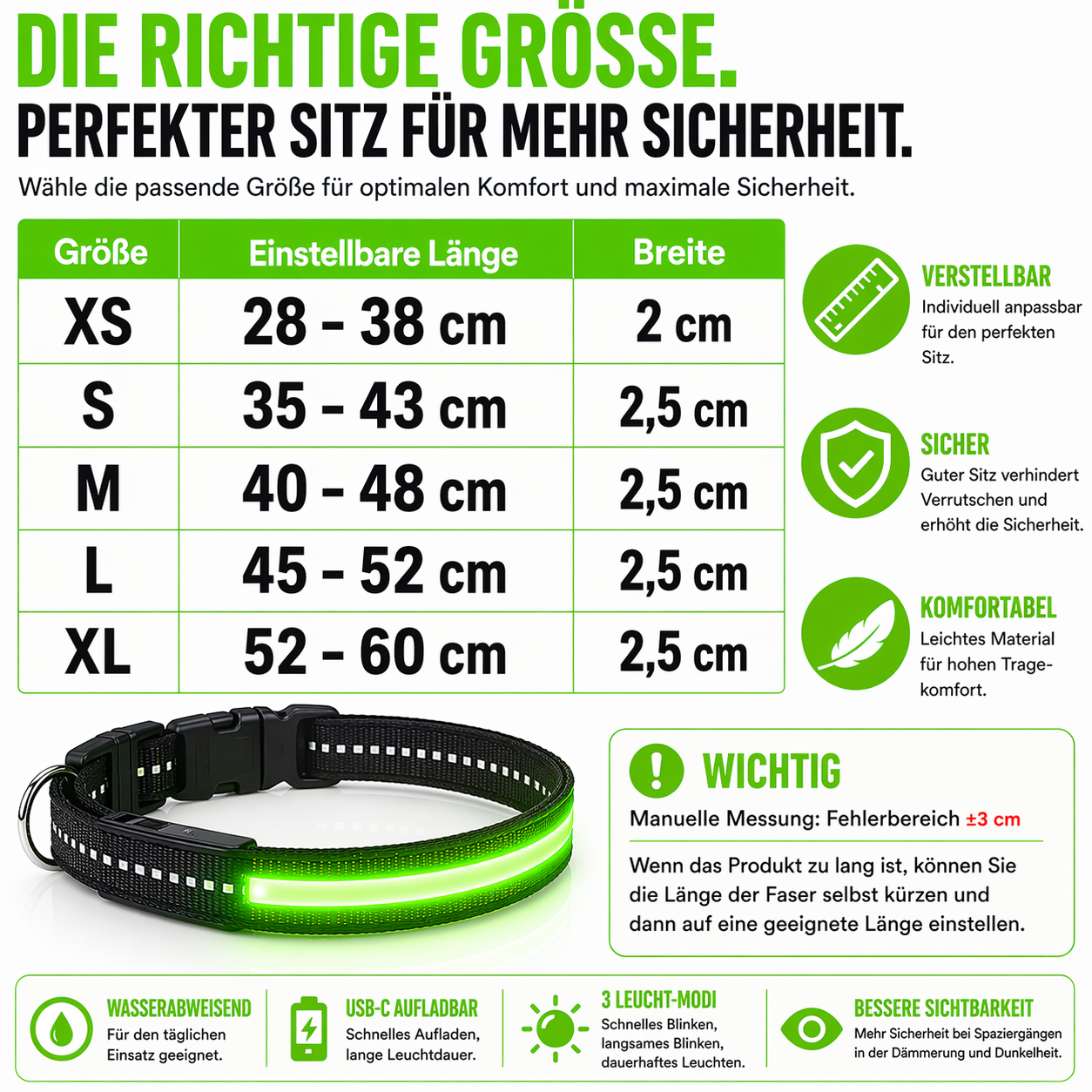 USB-C LED Hundehalsband – 7 Farben, 3 Modi & doppelte D-Ringe