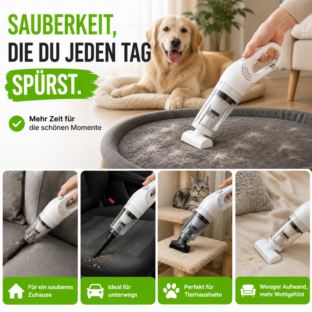 Kabelloser Tierhaarstaubsauger mit HEPA & 4 Aufsätzen