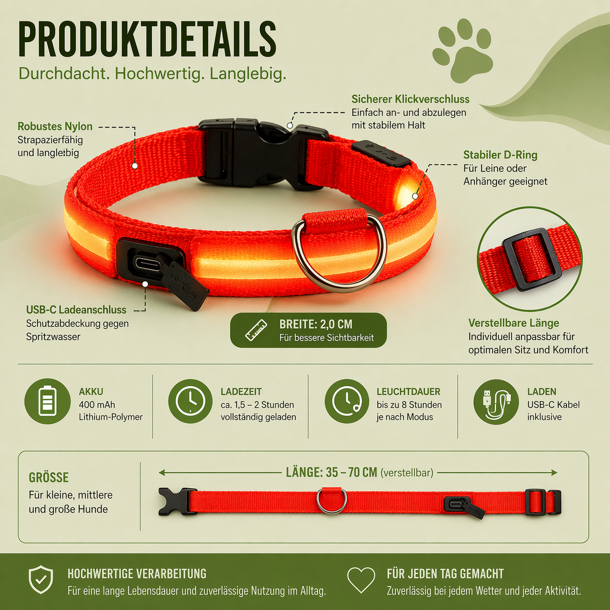 USB-C LED Hundehalsband – 7 Farben, 3 Modi & doppelte D-Ringe