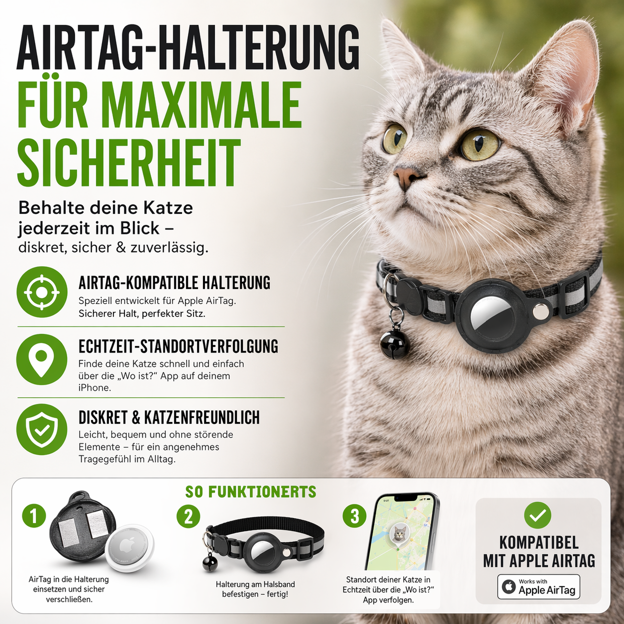 Sicheres Katzenhalsband mit AirTag-Halter & Klingel