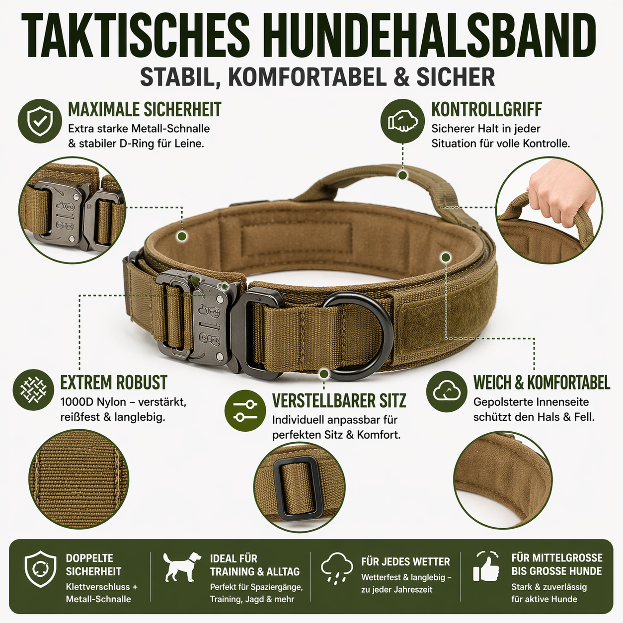 Taktisches Hundehalsband mit Metall-Schnalle & Griff