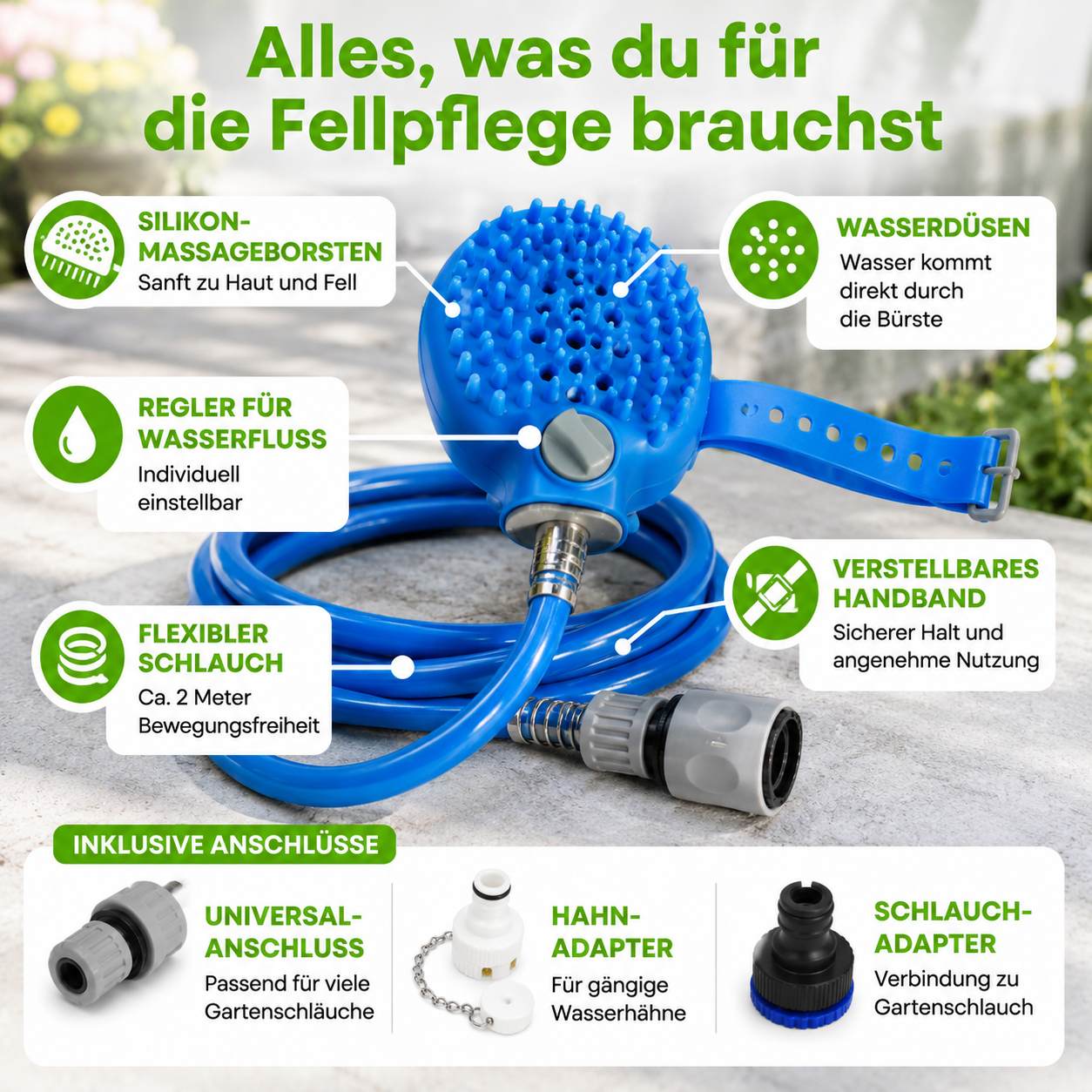 Hundedusche mit Massagebürste und Schlauch
