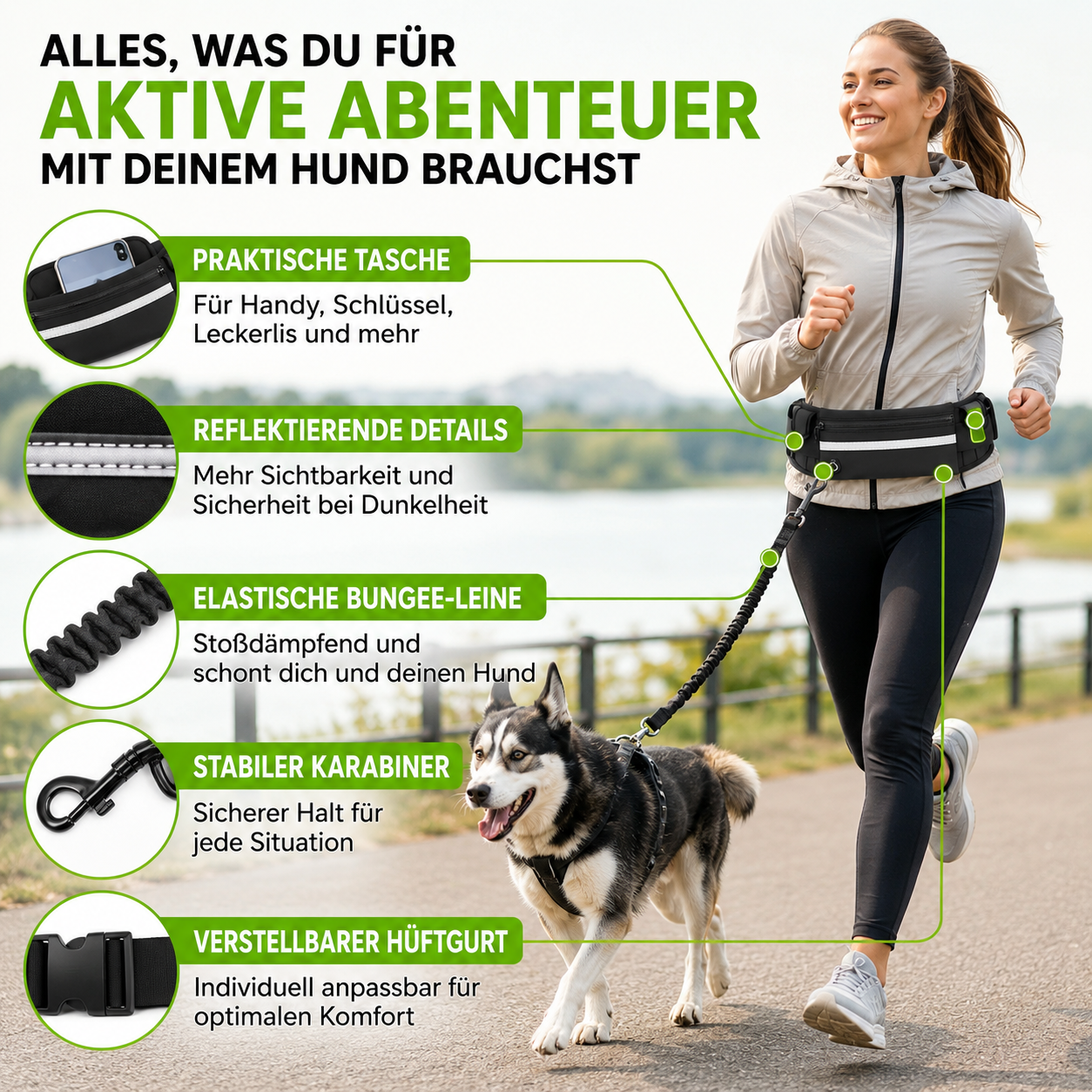 Freihand Hundeleine mit Bauchtasche & Bungee-Leine