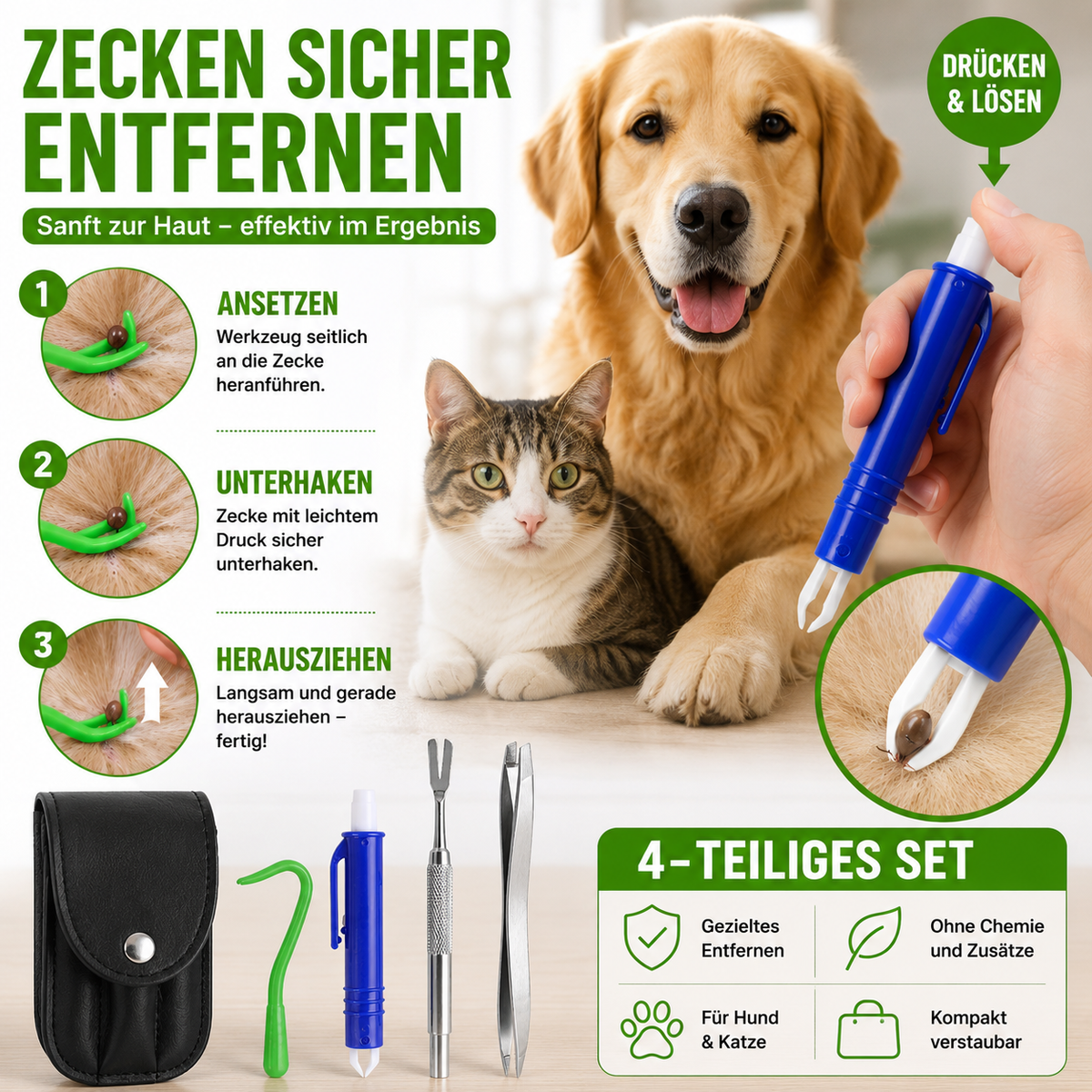 Zeckenentferner-Set mit 4 praktischen Werkzeugen