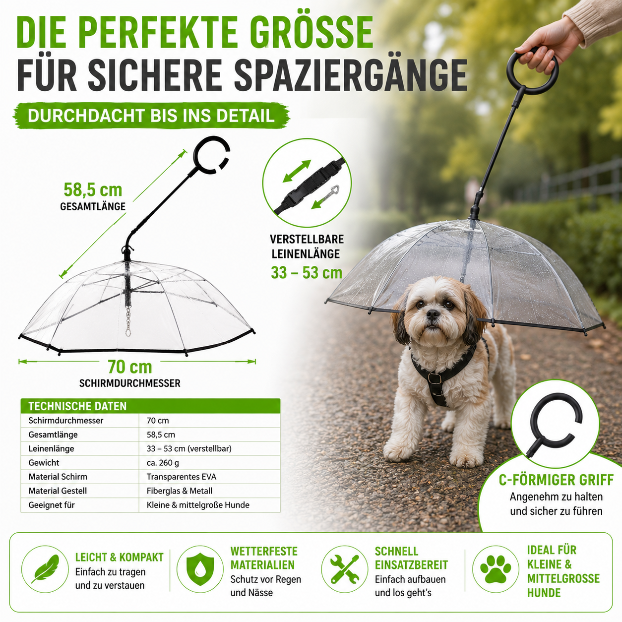 Transparenter Hundeschirm mit verstellbarer Leine