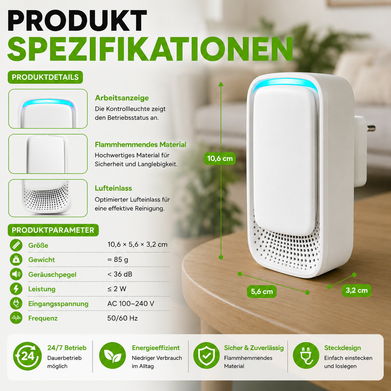Kompakter Luftreiniger mit Negativ-Ionen