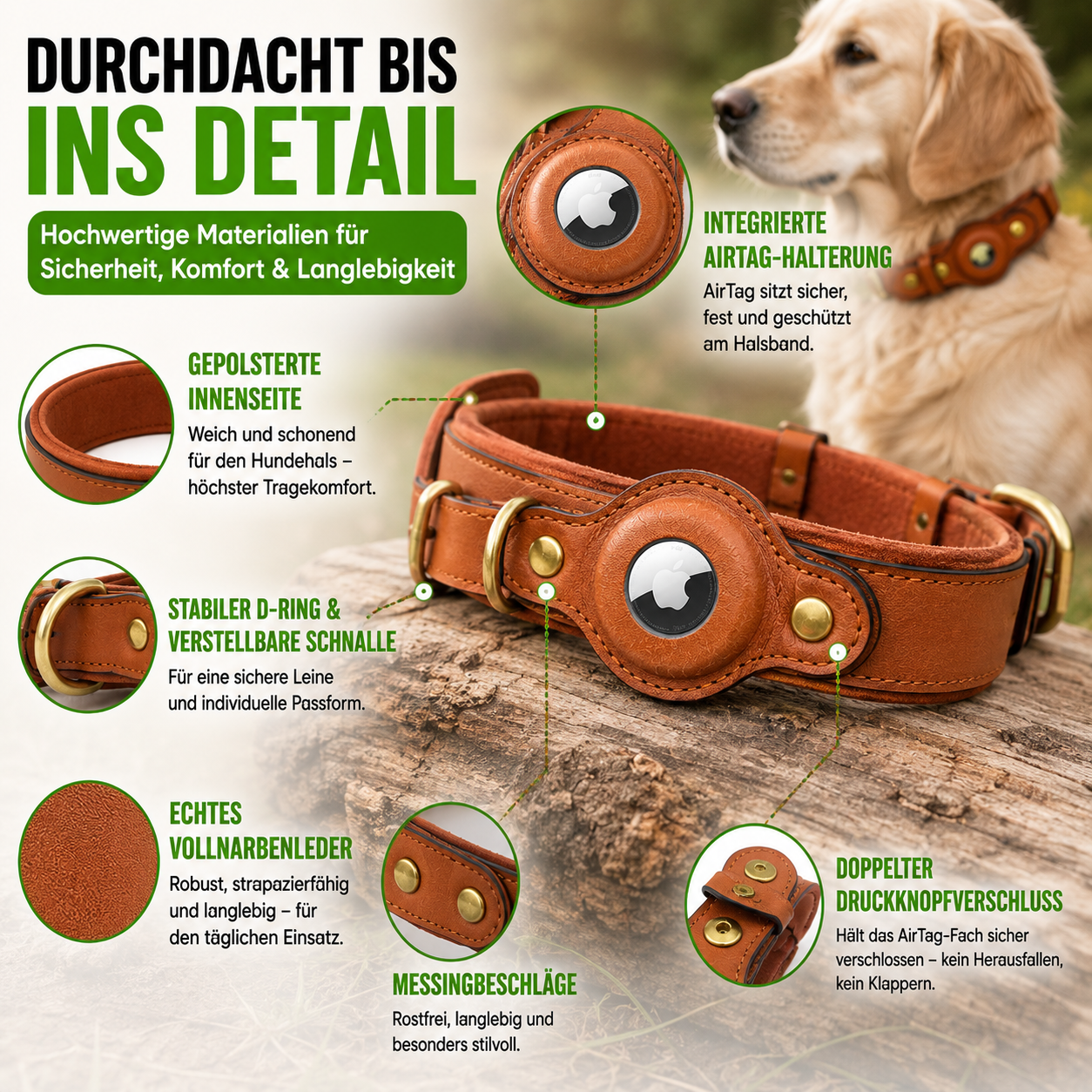Echtes Lederhalsband mit Airtag-Halter für Hunde