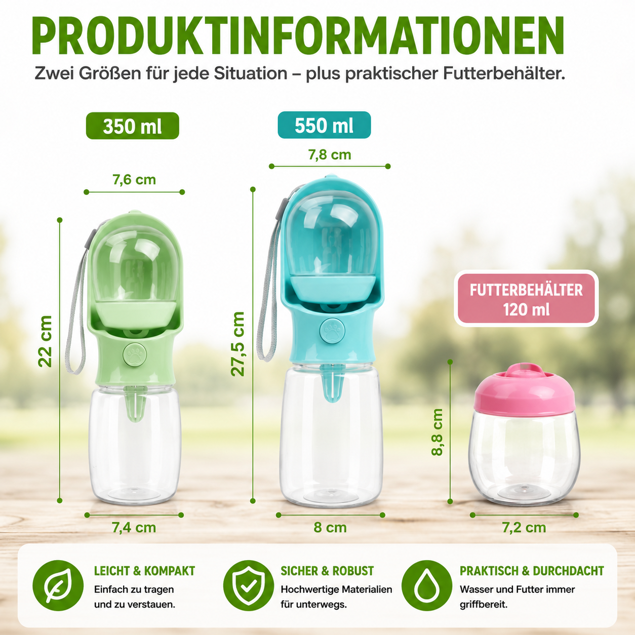2-in-1 Trinkflasche mit Futterfach für Haustiere
