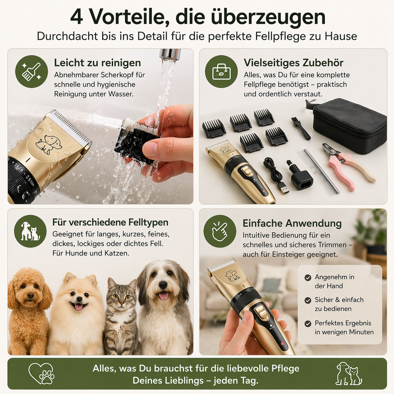 Leiser Tierhaarschneider für Hunde & Katzen mit Keramik-Klinge