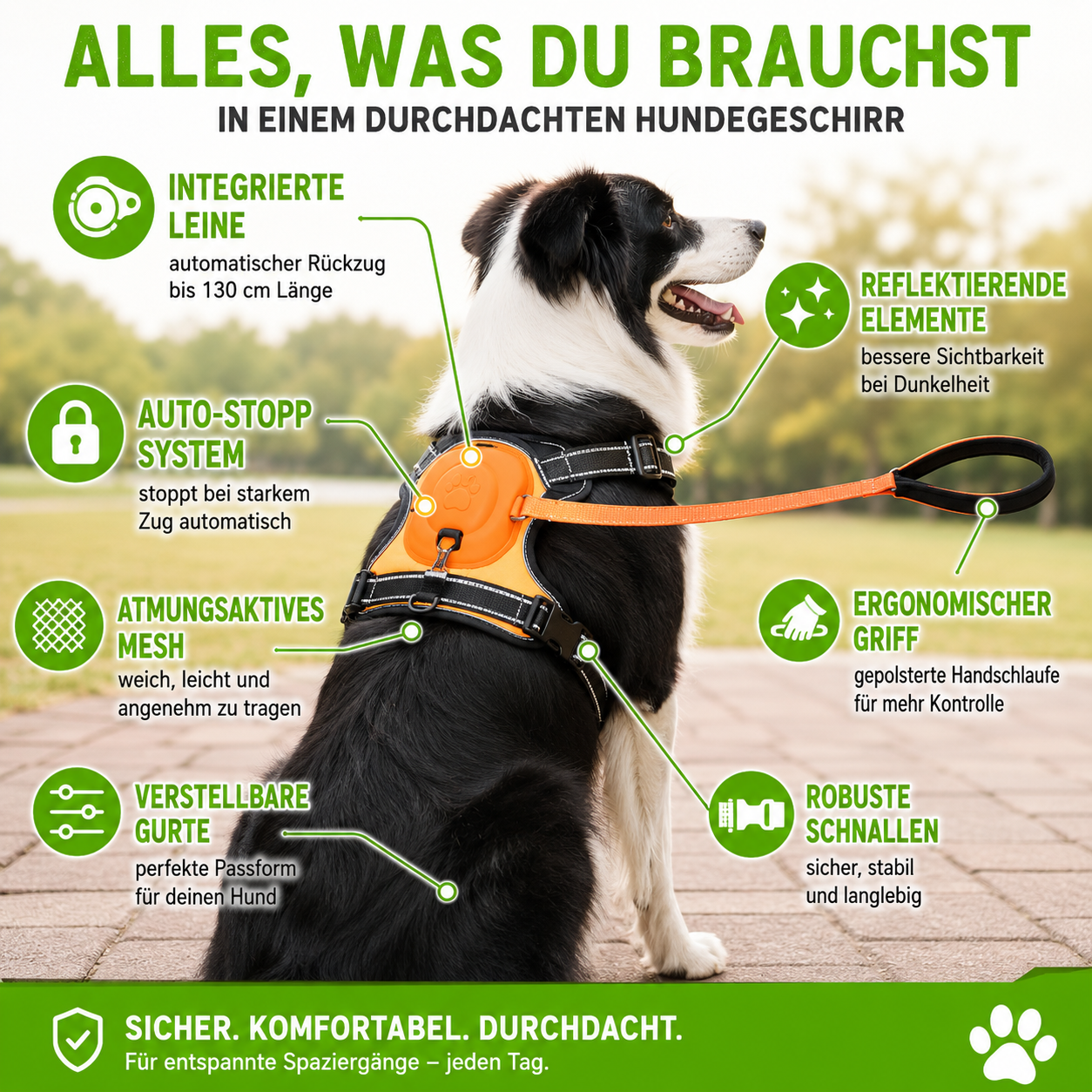 Anti-Zug Hundegeschirr mit Leine & Auto-Stopp-System