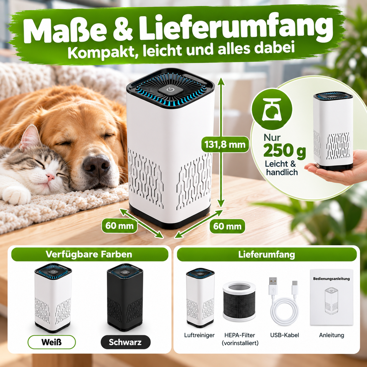 Kompakter HEPA-Luftreiniger für Hunde & Katzen