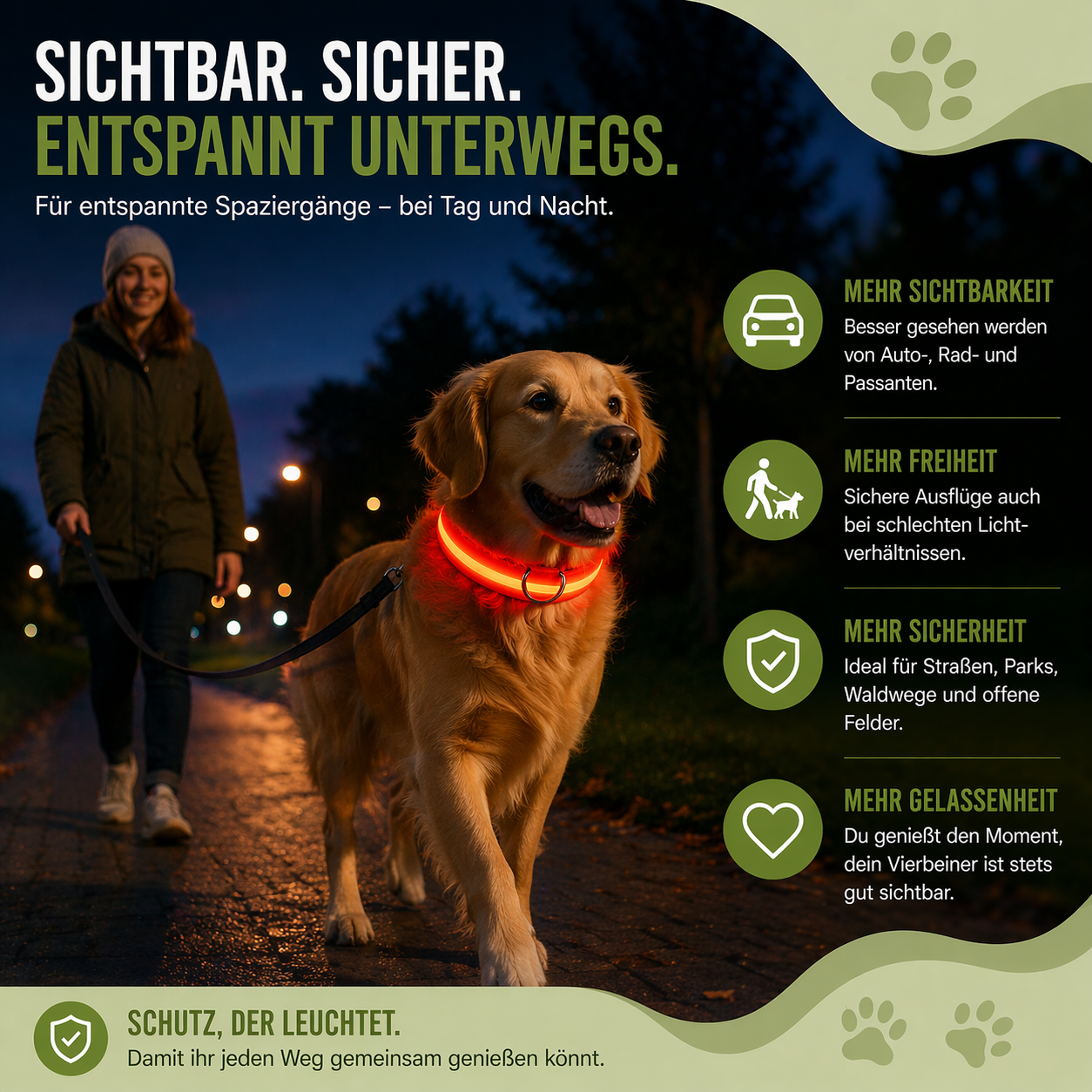 USB-C LED Hundehalsband – 7 Farben, 3 Modi & doppelte D-Ringe