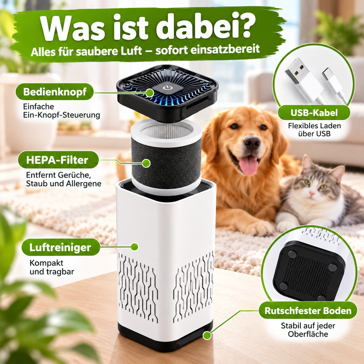 Kompakter HEPA-Luftreiniger für Hunde & Katzen