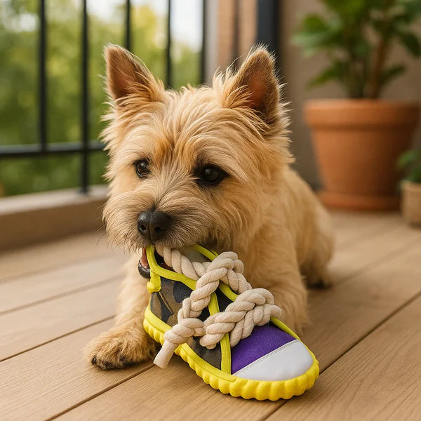 Robustes Hundespielzeug Sneaker mit Seil und Quietschfunktion